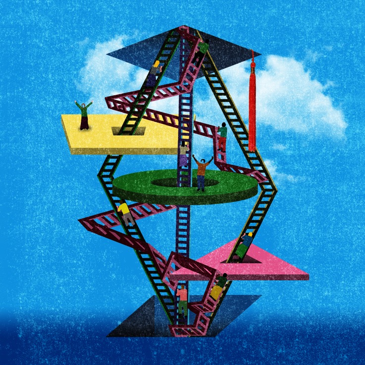 Illustration of people climbing interconnected ladders between floating platforms